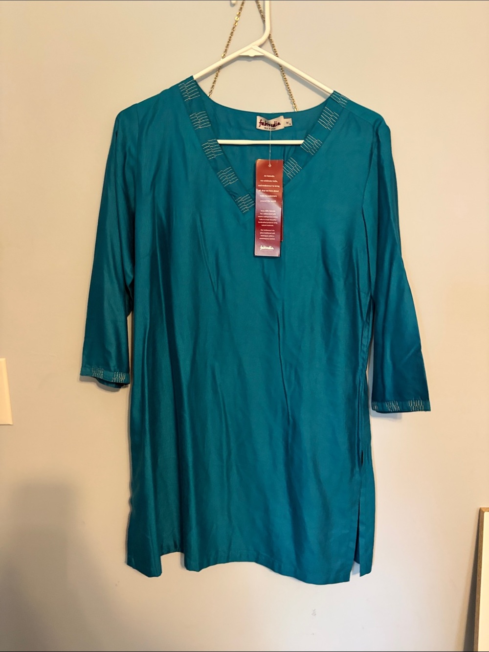 Teal V-Neck Tunic Top with Embroidered Trim - Unbranded